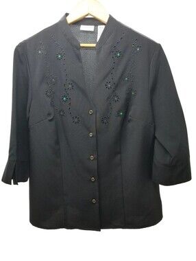Covington Black Embroidered Button-Front Top with Blue Sequin Accents Sz Medium